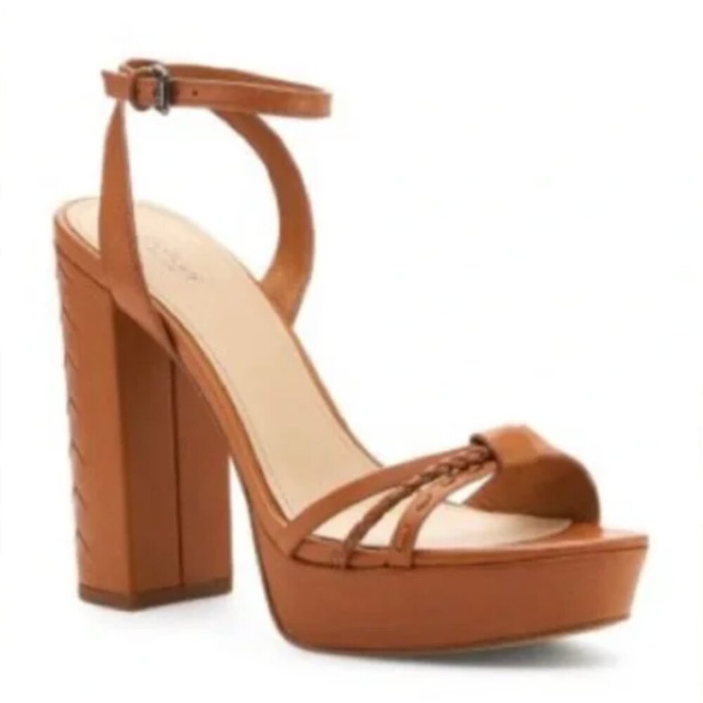 Botkier Petra Cognac Leather Platform Block Heel Sandals Braids Chunky Straps 9M